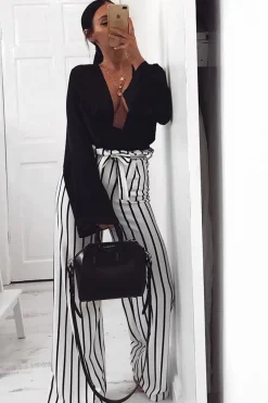 Rebellious Fashion White and Black Stripe Paper Bag Tie Waist Wide Leg Trousers - Kennedy