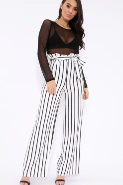 Rebellious Fashion White and Black Stripe Paper Bag Tie Waist Wide Leg Trousers - Kennedy