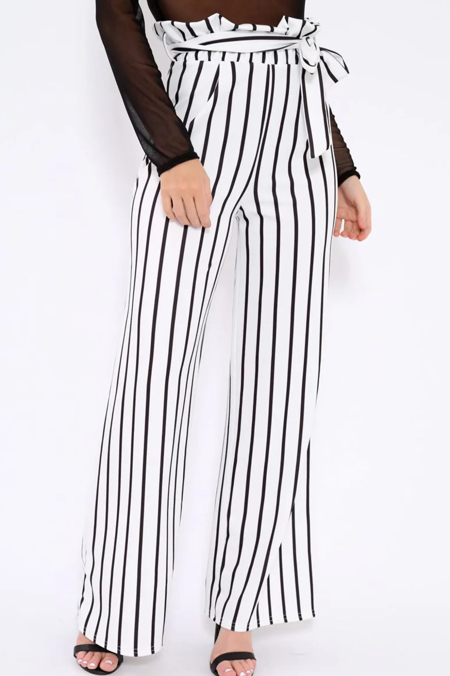 Rebellious Fashion White and Black Stripe Paper Bag Tie Waist Wide Leg Trousers - Kennedy