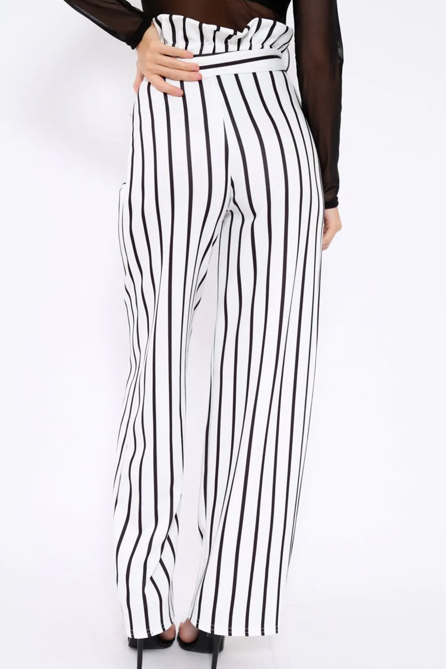 Rebellious Fashion White and Black Stripe Paper Bag Tie Waist Wide Leg Trousers - Kennedy