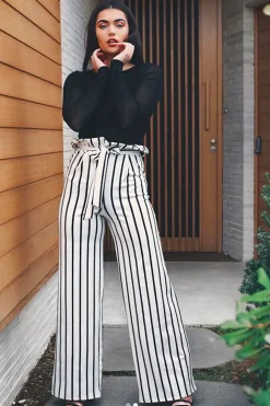 Rebellious Fashion White and Black Stripe Paper Bag Tie Waist Wide Leg Trousers - Kennedy