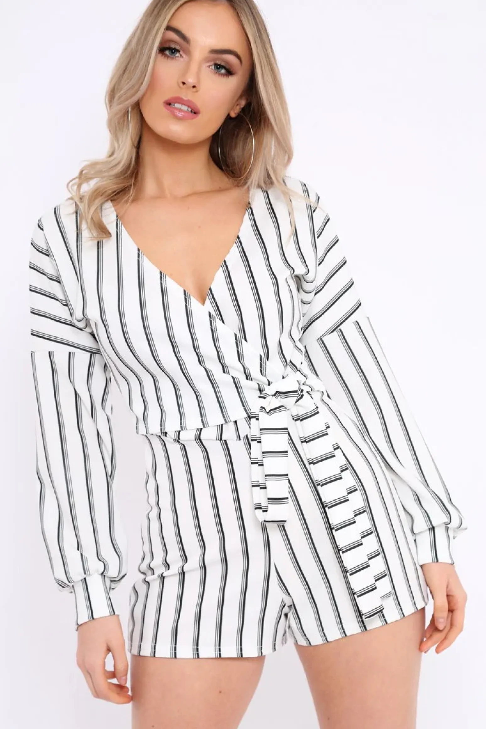 Rebellious Fashion White And Black Stripe Wrap Over Playsuit - Havannah