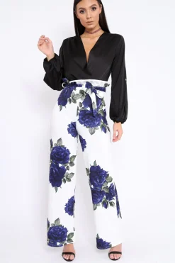 Rebellious Fashion White and Blue Floral Paper Bag Tie Waist Wide Leg Trousers - Kennedy