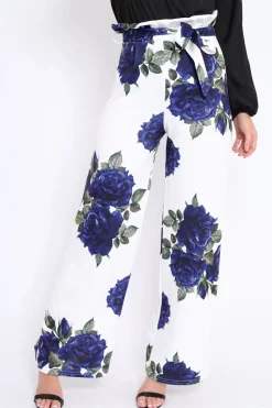 Rebellious Fashion White and Blue Floral Paper Bag Tie Waist Wide Leg Trousers - Kennedy