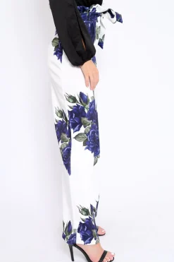 Rebellious Fashion White and Blue Floral Paper Bag Tie Waist Wide Leg Trousers - Kennedy