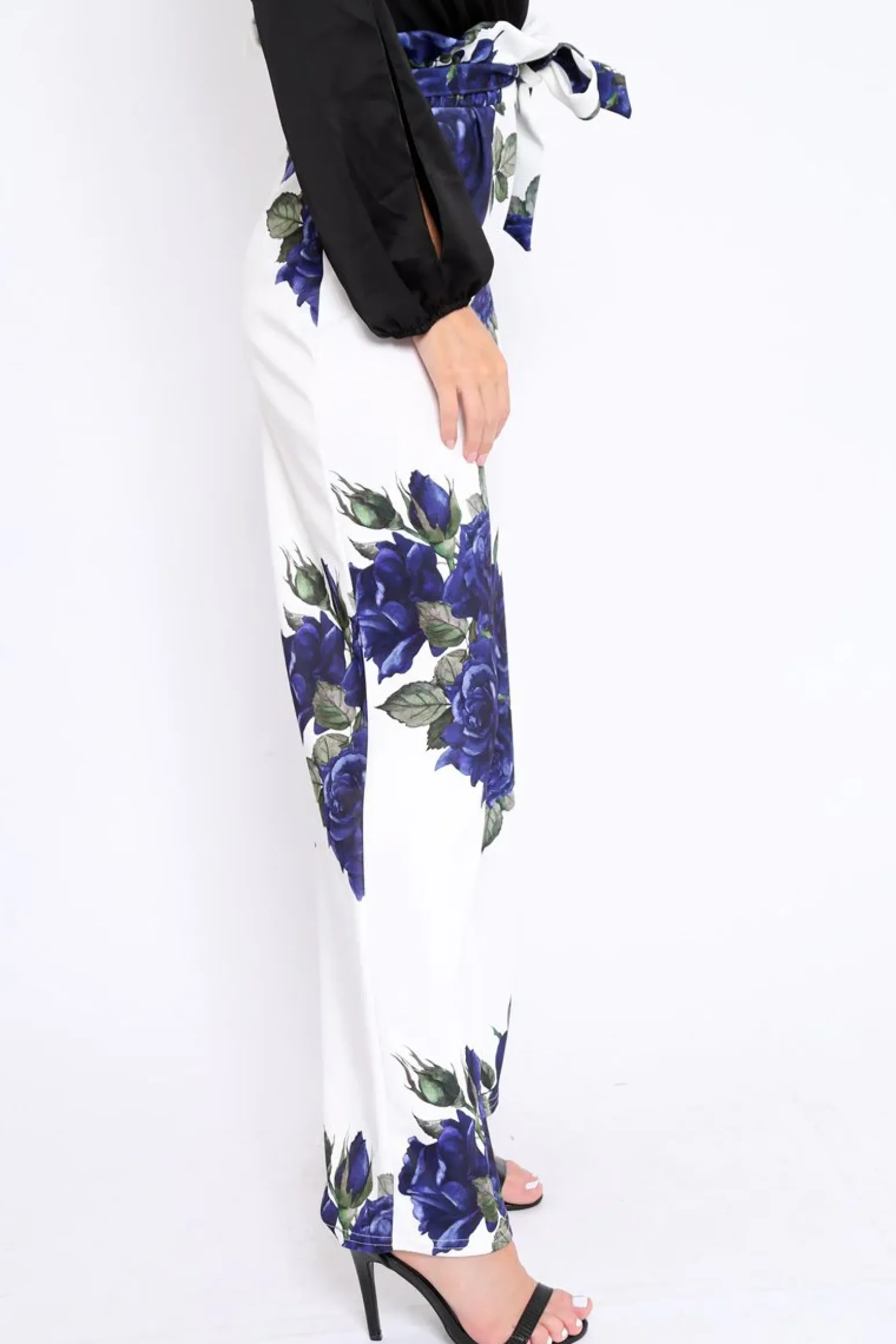 Rebellious Fashion White and Blue Floral Paper Bag Tie Waist Wide Leg Trousers - Kennedy
