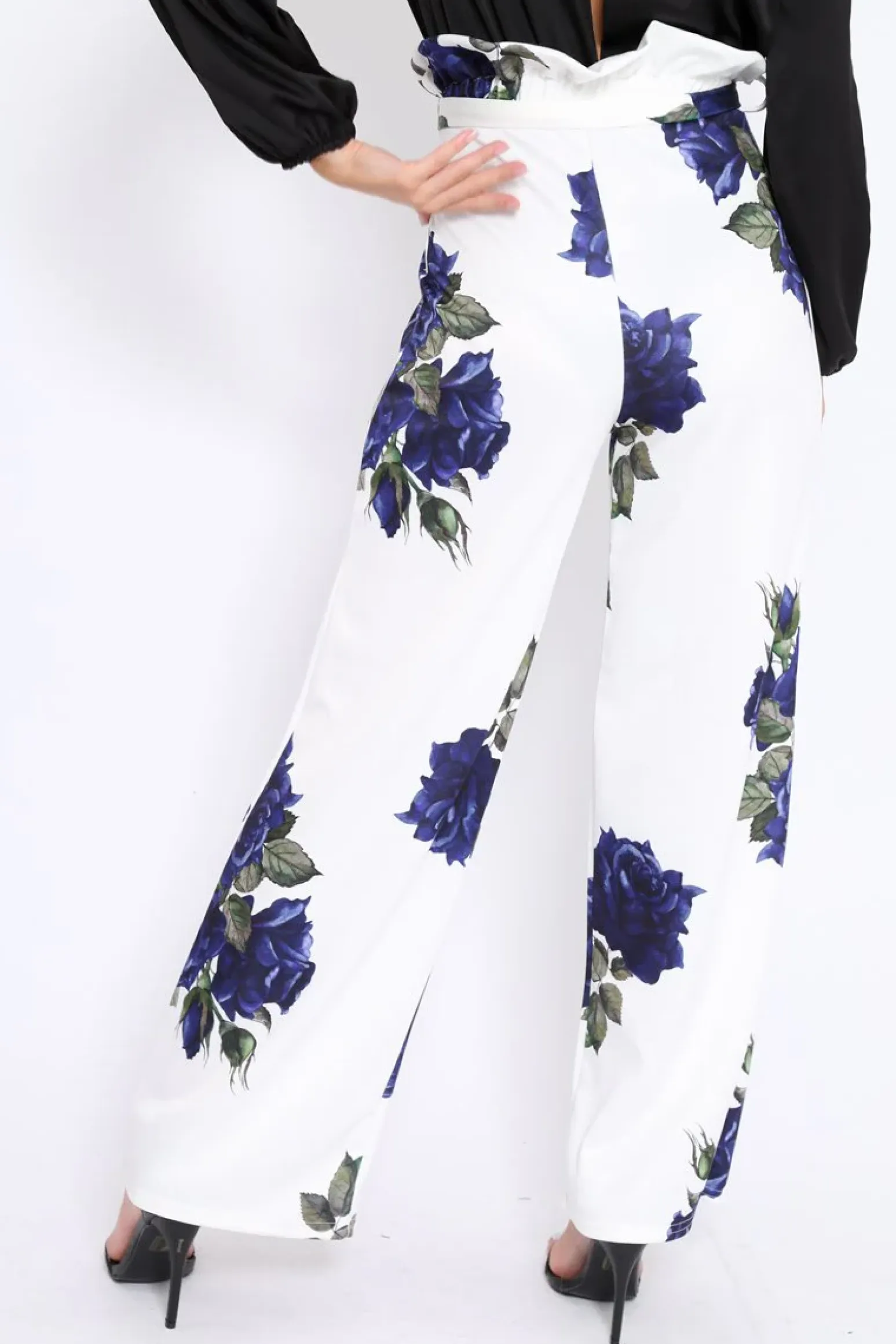Rebellious Fashion White and Blue Floral Paper Bag Tie Waist Wide Leg Trousers - Kennedy