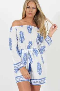 Rebellious Fashion White and Blue Paisley Pattern Off Shoulder Playsuit - Siobhan