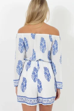 Rebellious Fashion White and Blue Paisley Pattern Off Shoulder Playsuit - Siobhan