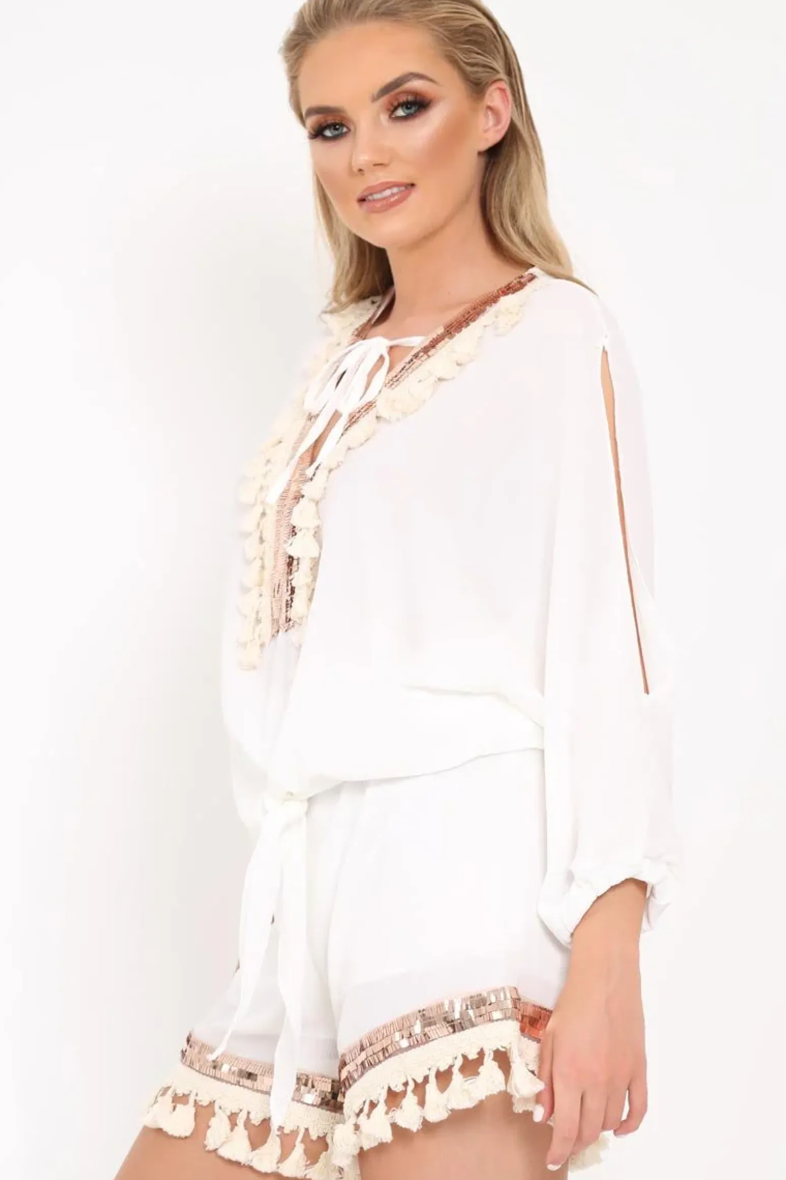 Rebellious Fashion White And Gold Embellished Kaftan Top And Shorts Co- Ord -Sylviana