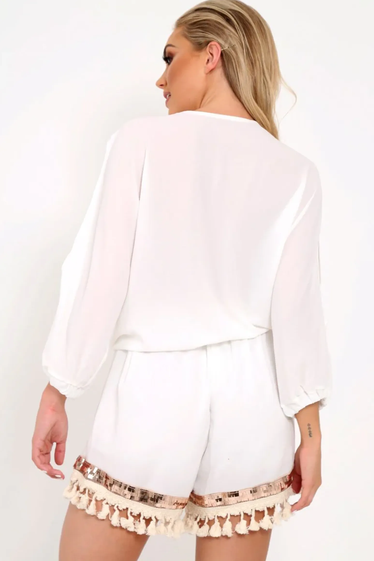 Rebellious Fashion White And Gold Embellished Kaftan Top And Shorts Co- Ord -Sylviana