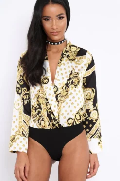 Rebellious Fashion White and Gold Scarf Print Satin Plunge Bodysuit - Moniqua