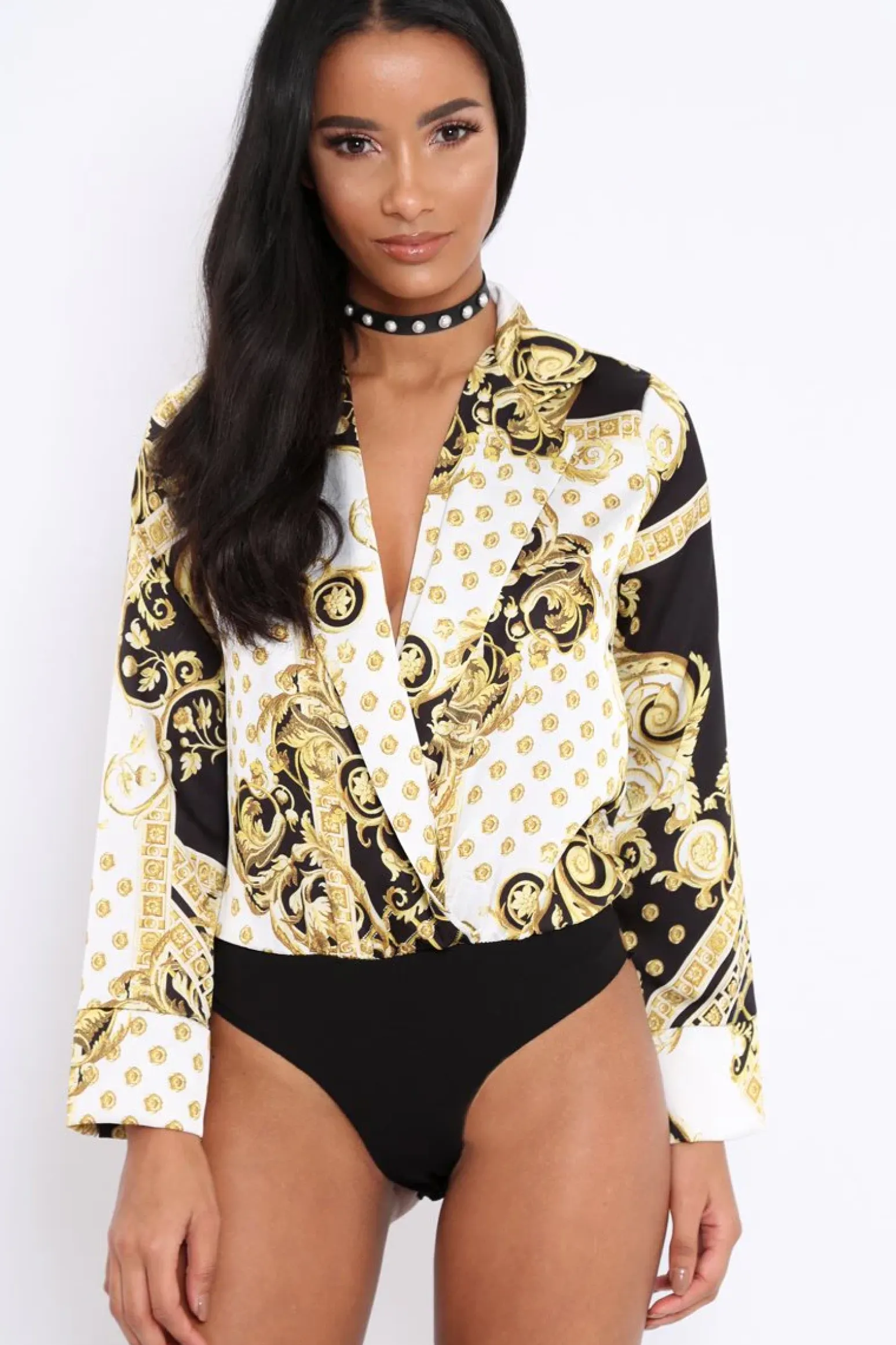 Rebellious Fashion White and Gold Scarf Print Satin Plunge Bodysuit - Moniqua