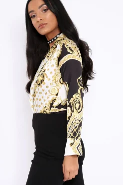 Rebellious Fashion White and Gold Scarf Print Satin Plunge Bodysuit - Moniqua