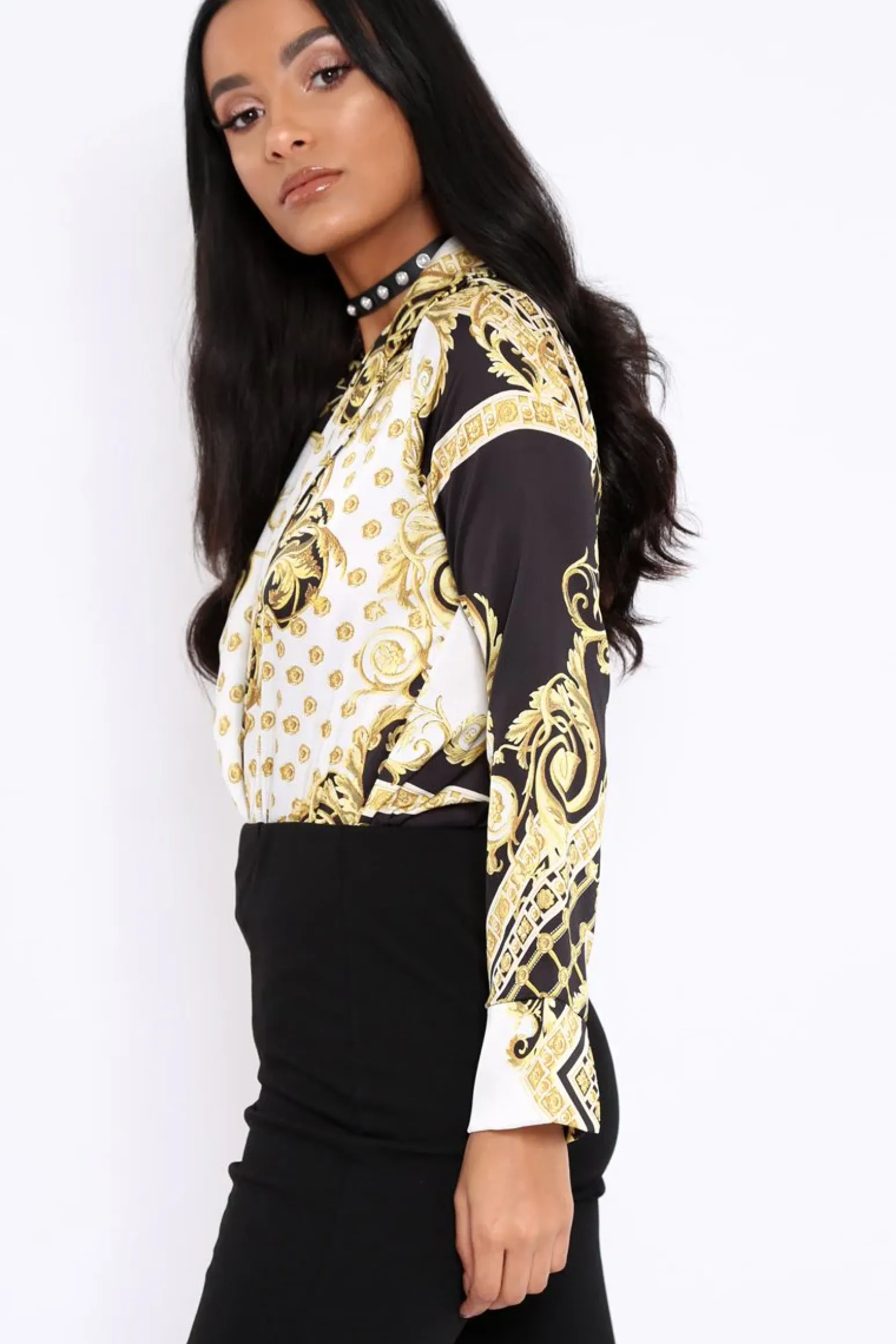 Rebellious Fashion White and Gold Scarf Print Satin Plunge Bodysuit - Moniqua