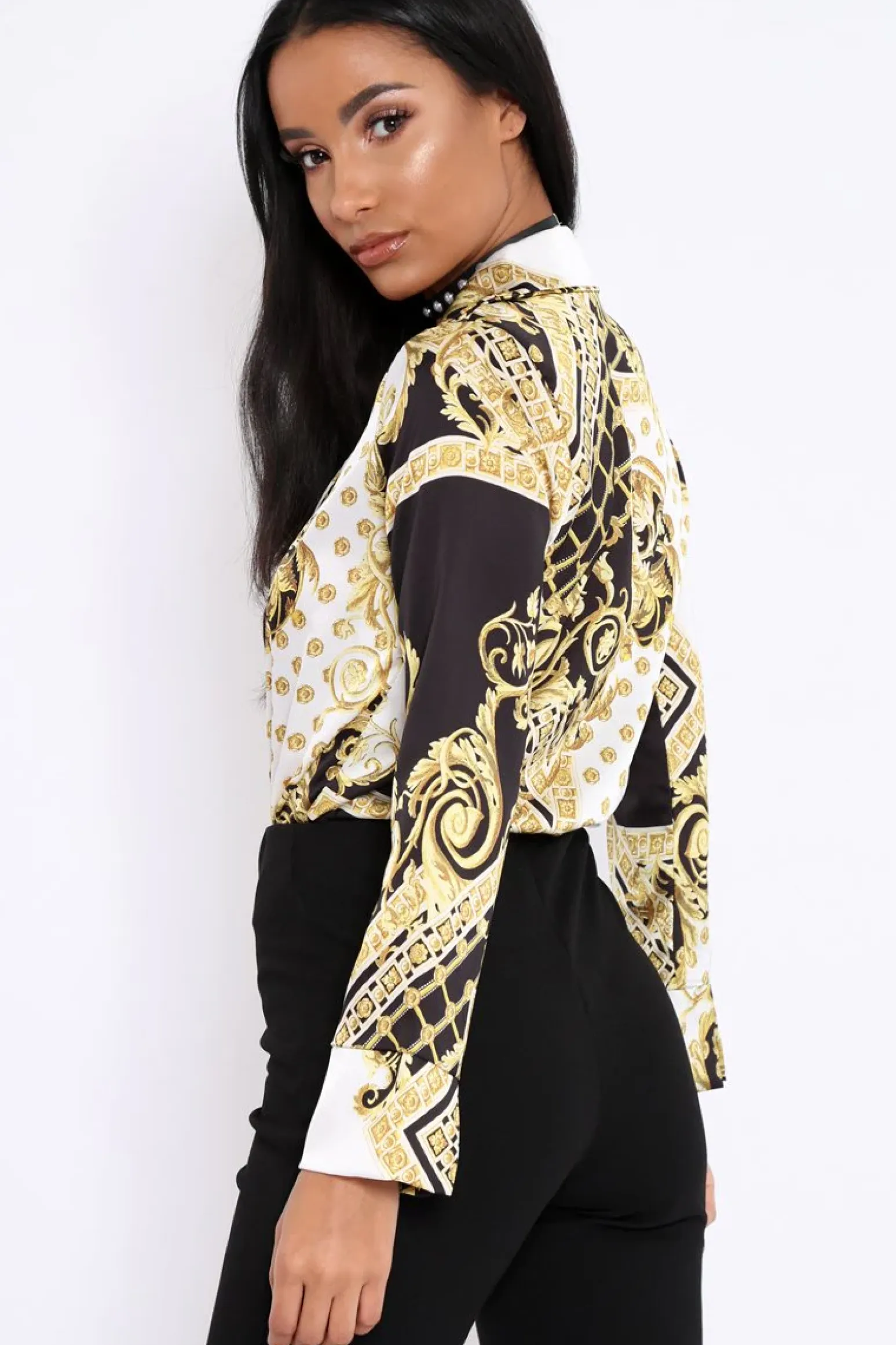 Rebellious Fashion White and Gold Scarf Print Satin Plunge Bodysuit - Moniqua