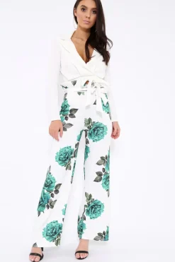 Rebellious Fashion White and Green Floral Paper Bag Tie Waist Wide Leg Trousers - Kennedy
