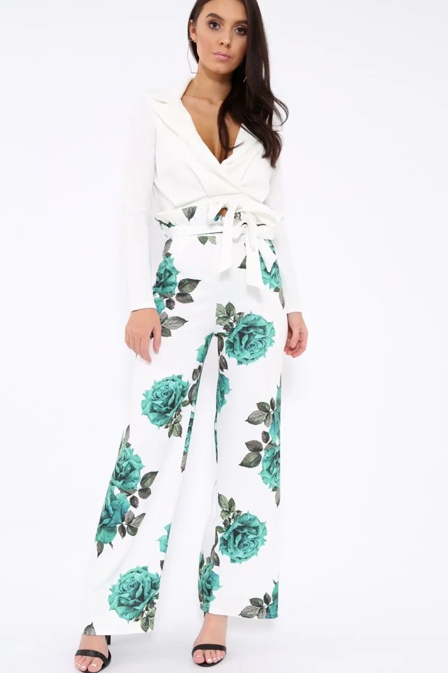 Rebellious Fashion White and Green Floral Paper Bag Tie Waist Wide Leg Trousers - Kennedy