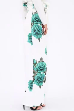 Rebellious Fashion White and Green Floral Paper Bag Tie Waist Wide Leg Trousers - Kennedy
