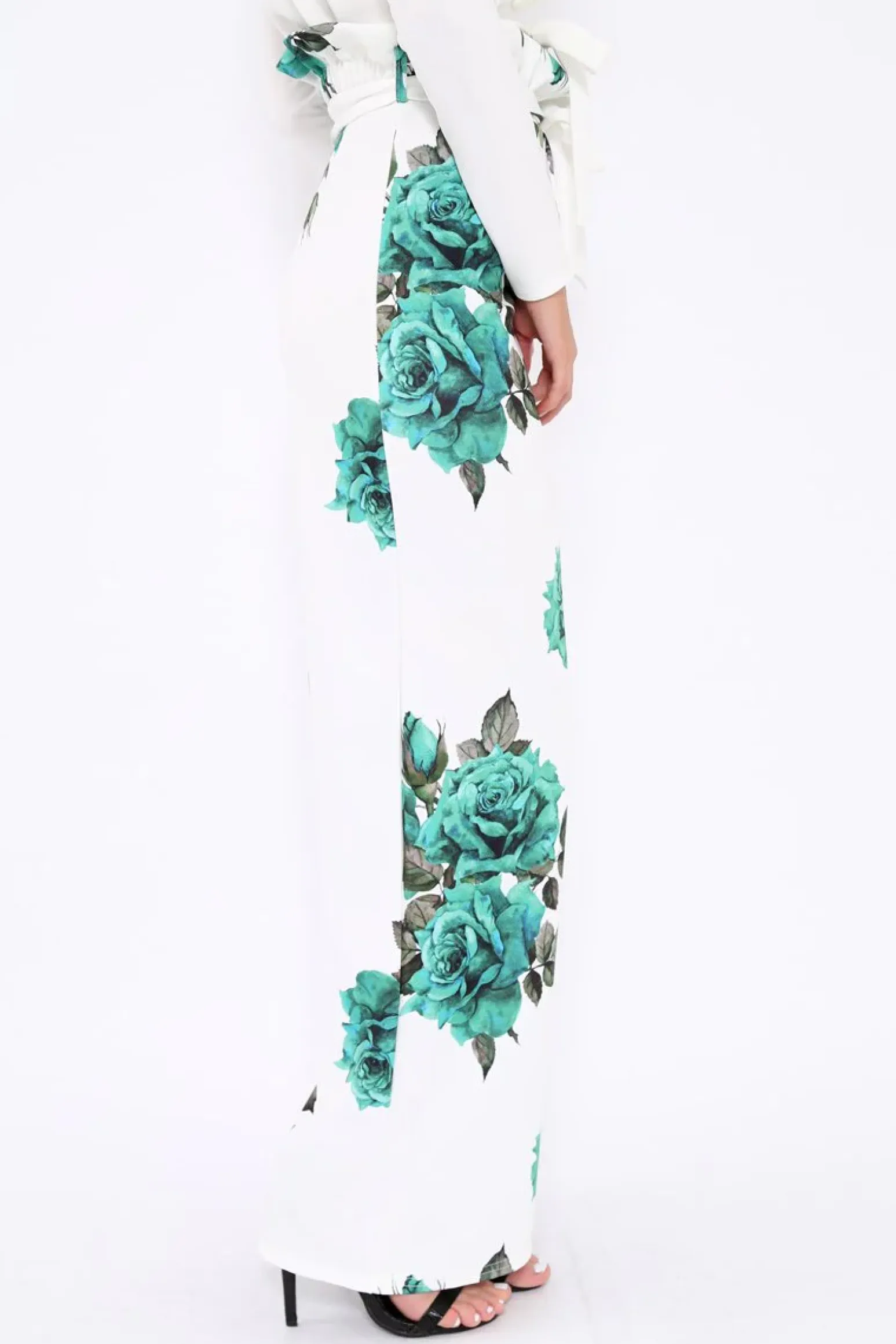 Rebellious Fashion White and Green Floral Paper Bag Tie Waist Wide Leg Trousers - Kennedy