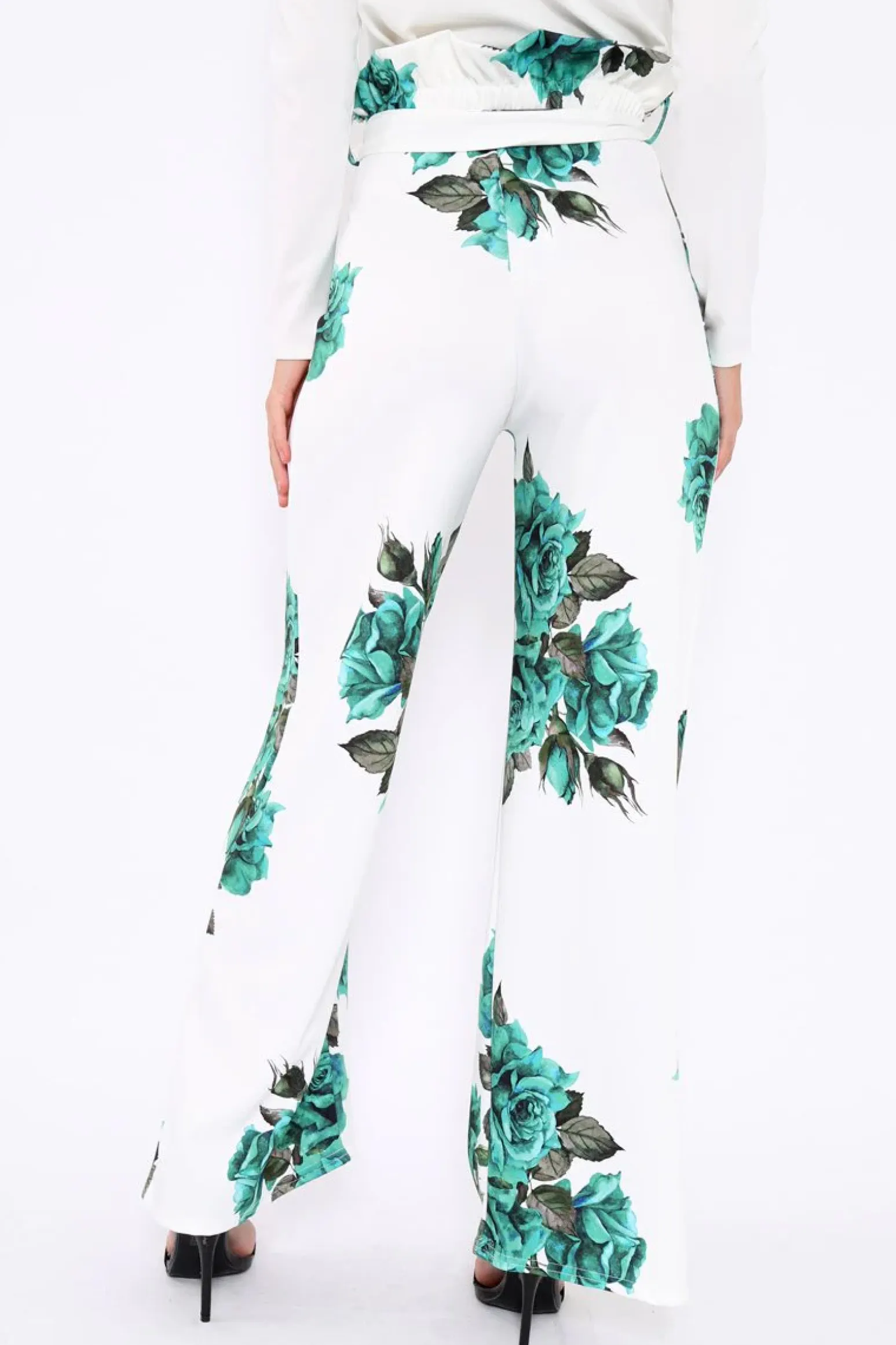 Rebellious Fashion White and Green Floral Paper Bag Tie Waist Wide Leg Trousers - Kennedy