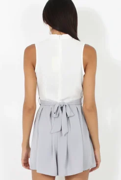 Rebellious Fashion White and Grey High Neck Playsuit - Linda