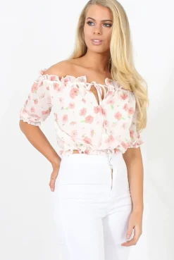 Rebellious Fashion White And Pink Floral Gypsy Crop Top - Mimi