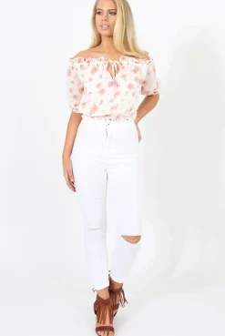 Rebellious Fashion White And Pink Floral Gypsy Crop Top - Mimi