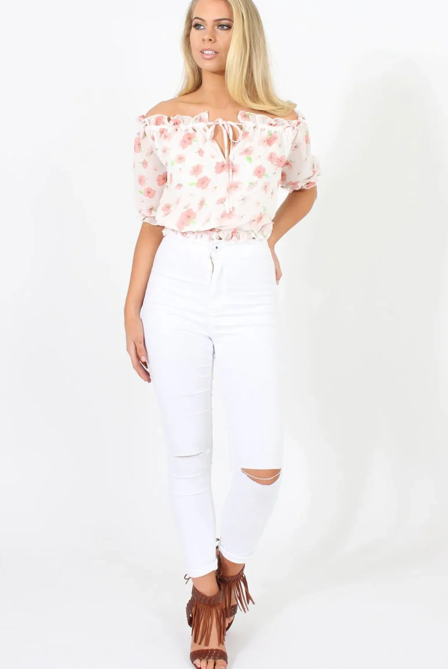 Rebellious Fashion White And Pink Floral Gypsy Crop Top - Mimi