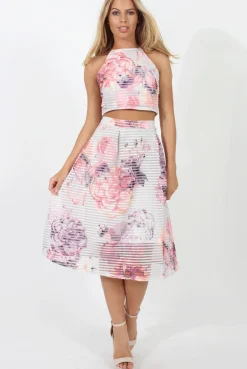Rebellious Fashion White and Pink Semi Sheer Floral Co-ord - Rose