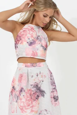 Rebellious Fashion White and Pink Semi Sheer Floral Co-ord - Rose