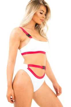 Rebellious Fashion White and Red Buckle Detail Cut Out Bikini - Duru