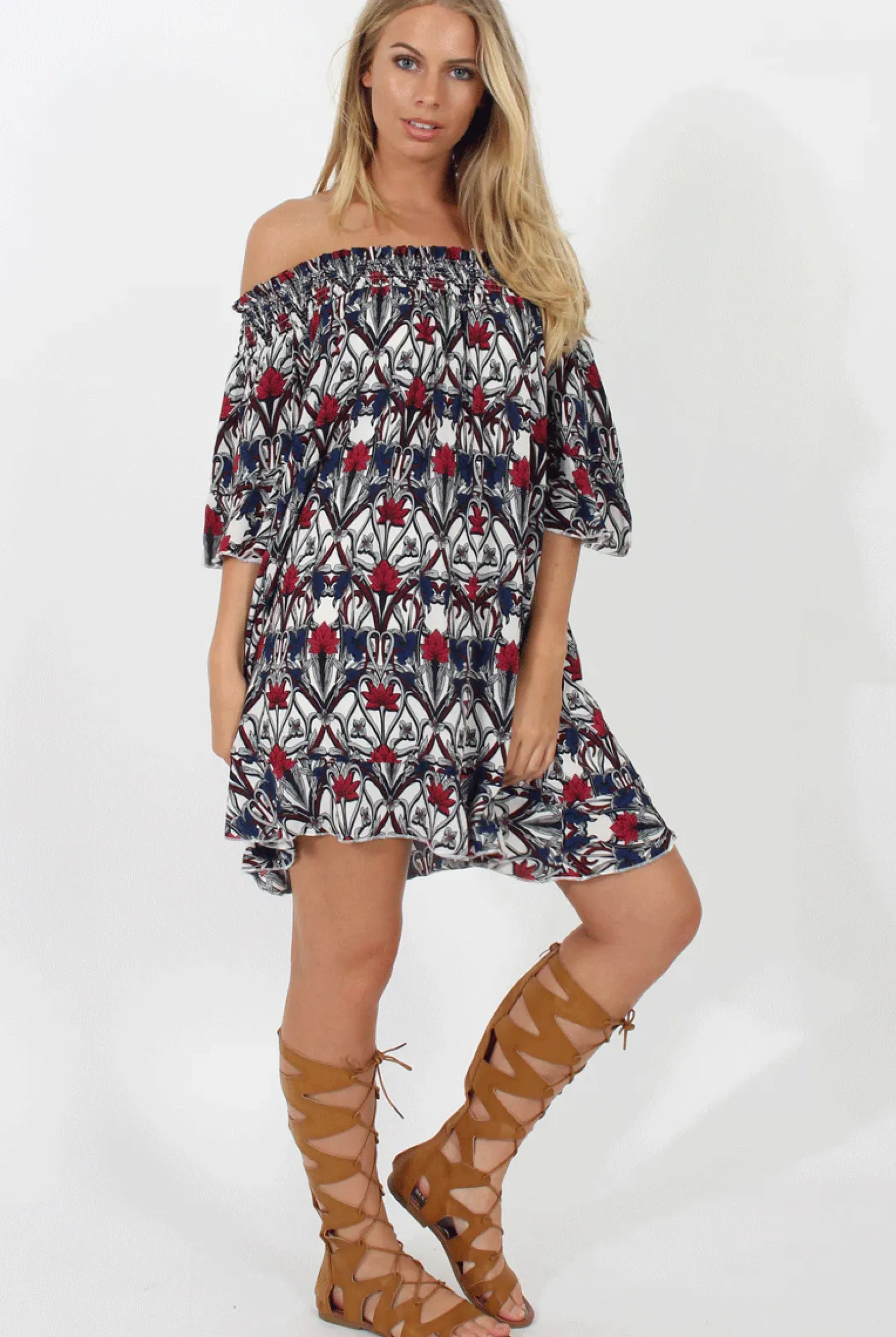 Rebellious Fashion White and Red Floral Bardot Ruffly Trim Detail Dress- Stefi