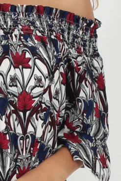 Rebellious Fashion White and Red Floral Bardot Ruffly Trim Detail Dress- Stefi