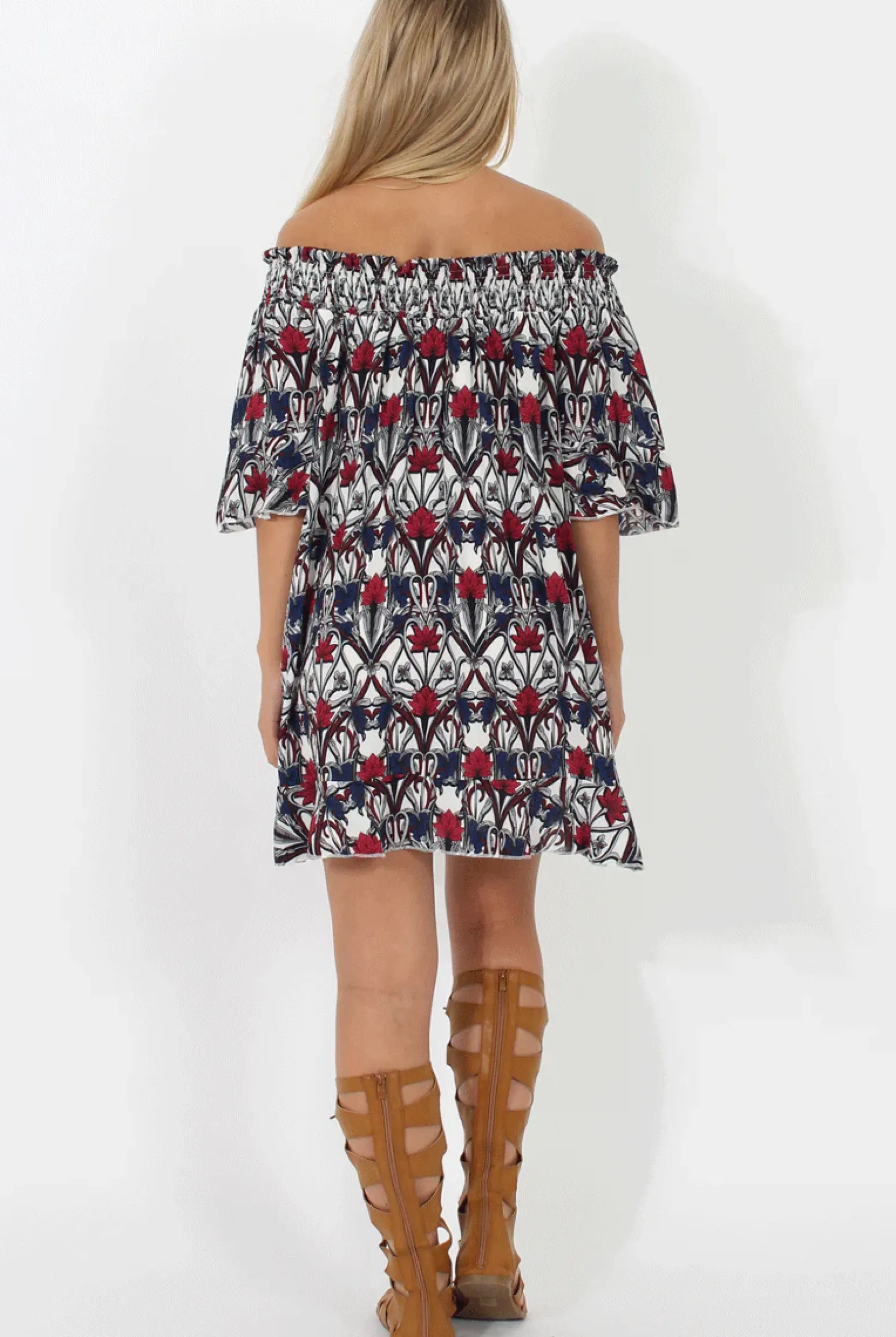 Rebellious Fashion White and Red Floral Bardot Ruffly Trim Detail Dress- Stefi
