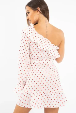 Rebellious Fashion White and Red Polka Dot One Shoulder Frill Dress - Zyann