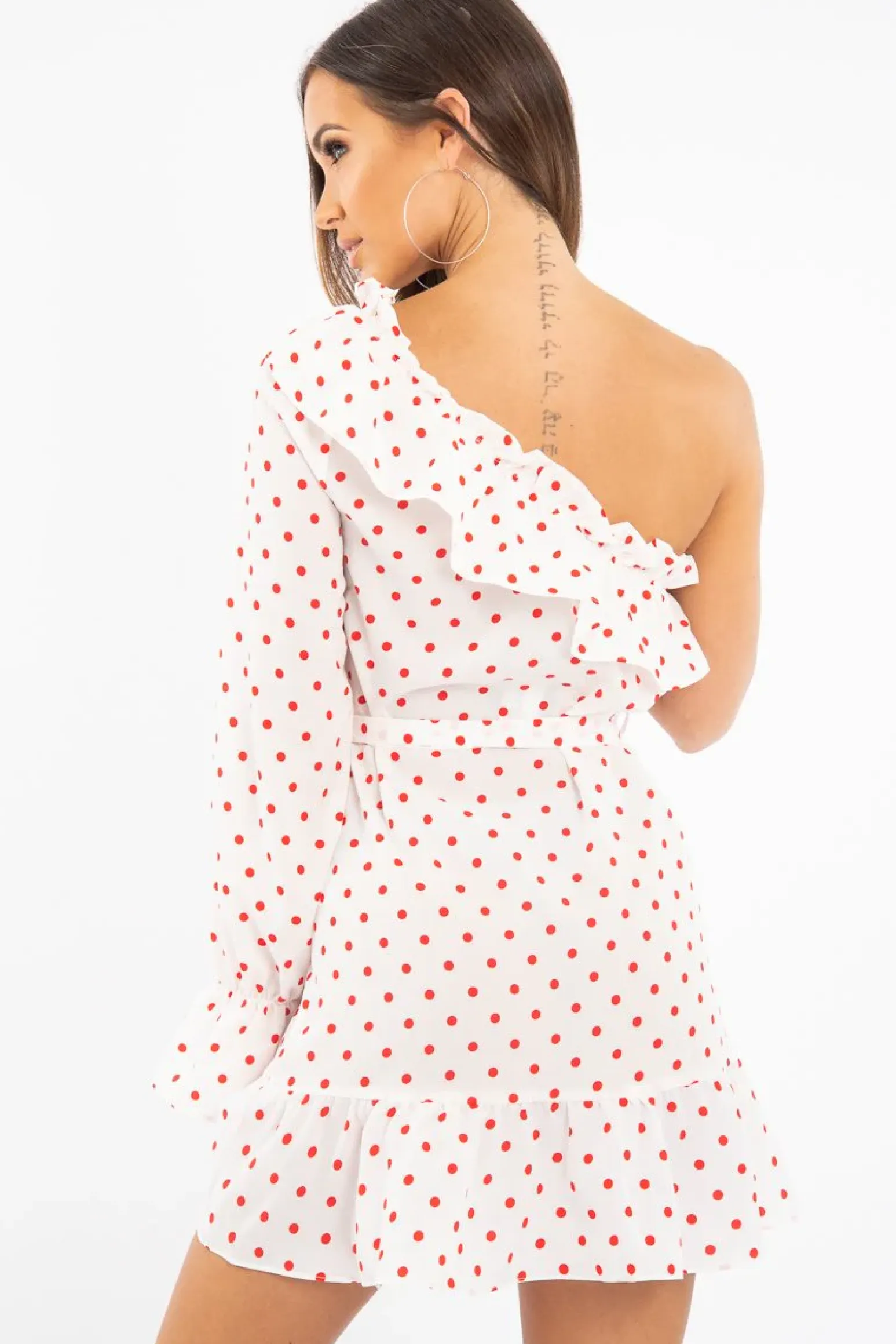 Rebellious Fashion White and Red Polka Dot One Shoulder Frill Dress - Zyann