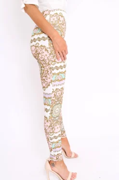 Rebellious Fashion White and Rose Scarf Print Leggings - Lilyan