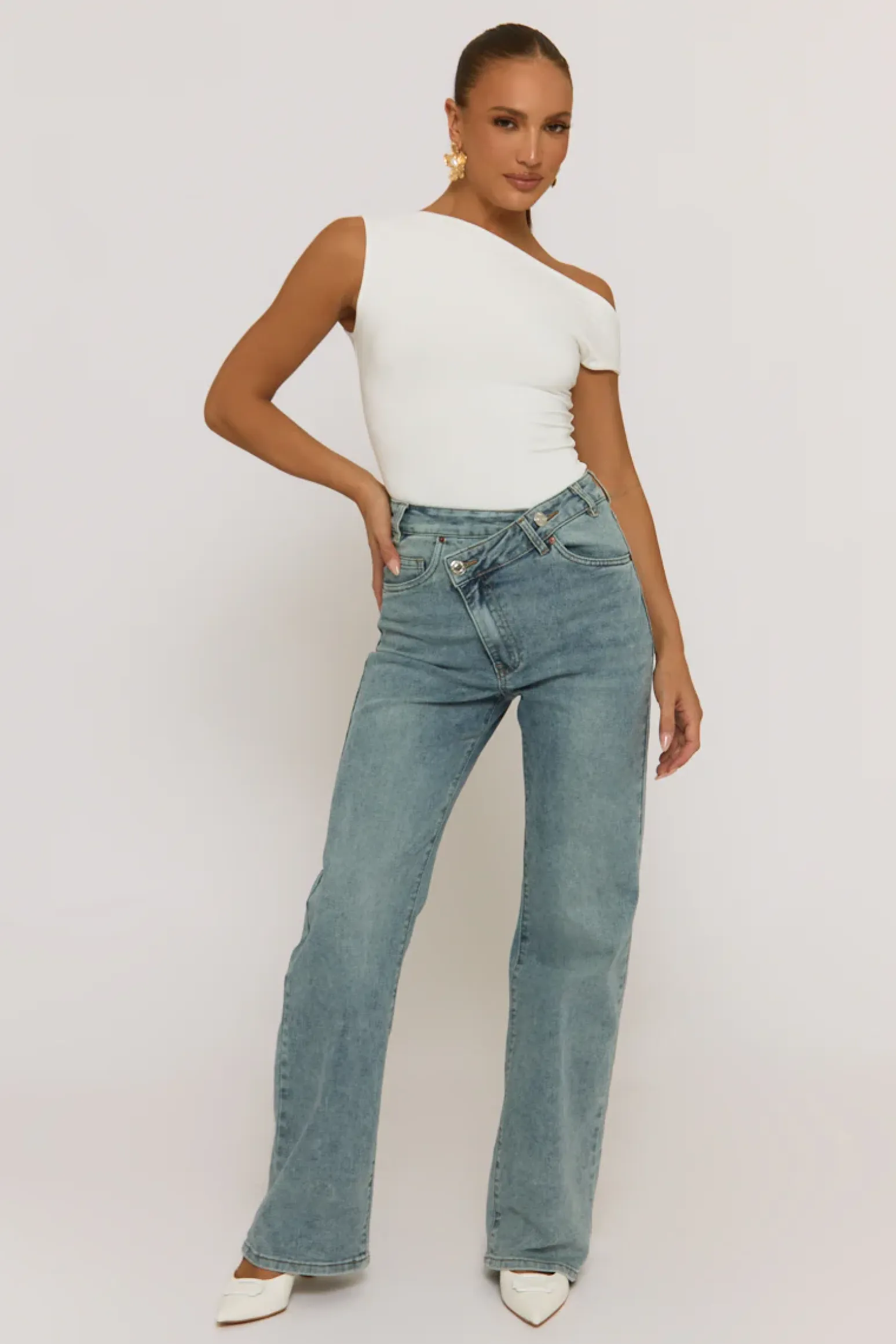 Rebellious Fashion White Asymmetric Off Shoulder Bodysuit - Misba