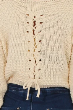 Rebellious Fashion White Back Lace Up Cropped Knitted Sweater - Jenara