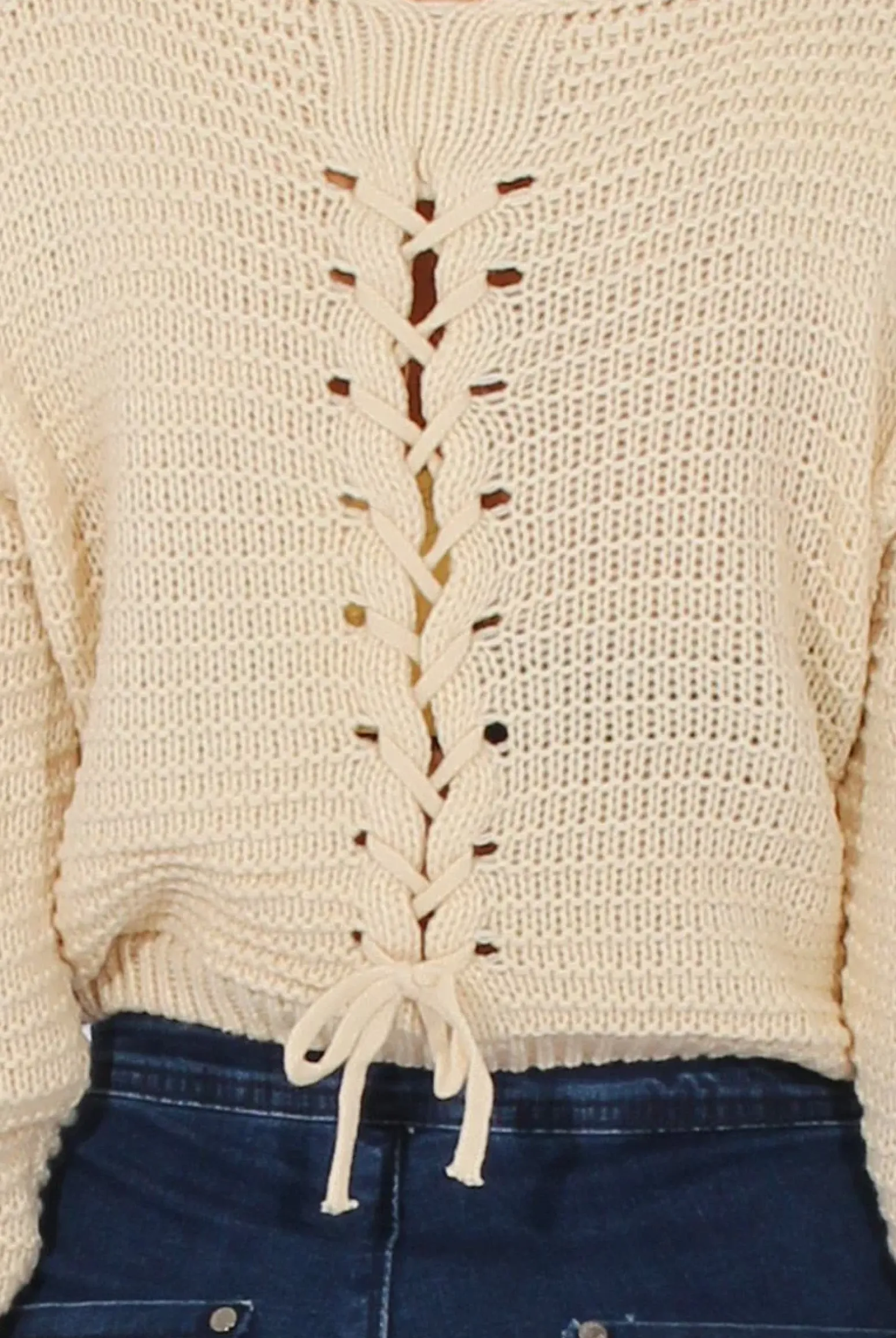 Rebellious Fashion White Back Lace Up Cropped Knitted Sweater - Jenara