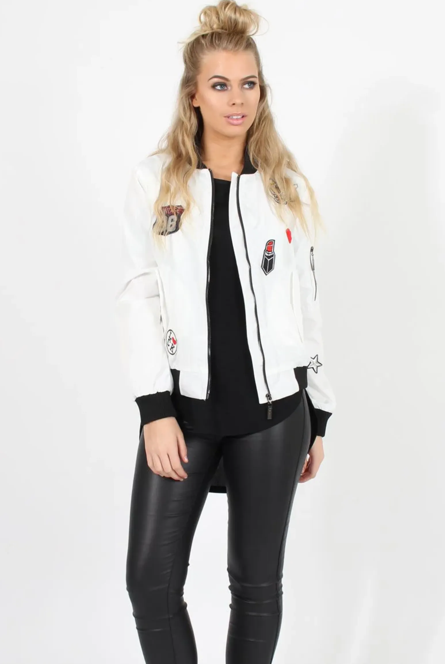 Rebellious Fashion White Badge Detail Bomber Jacket - Suzy