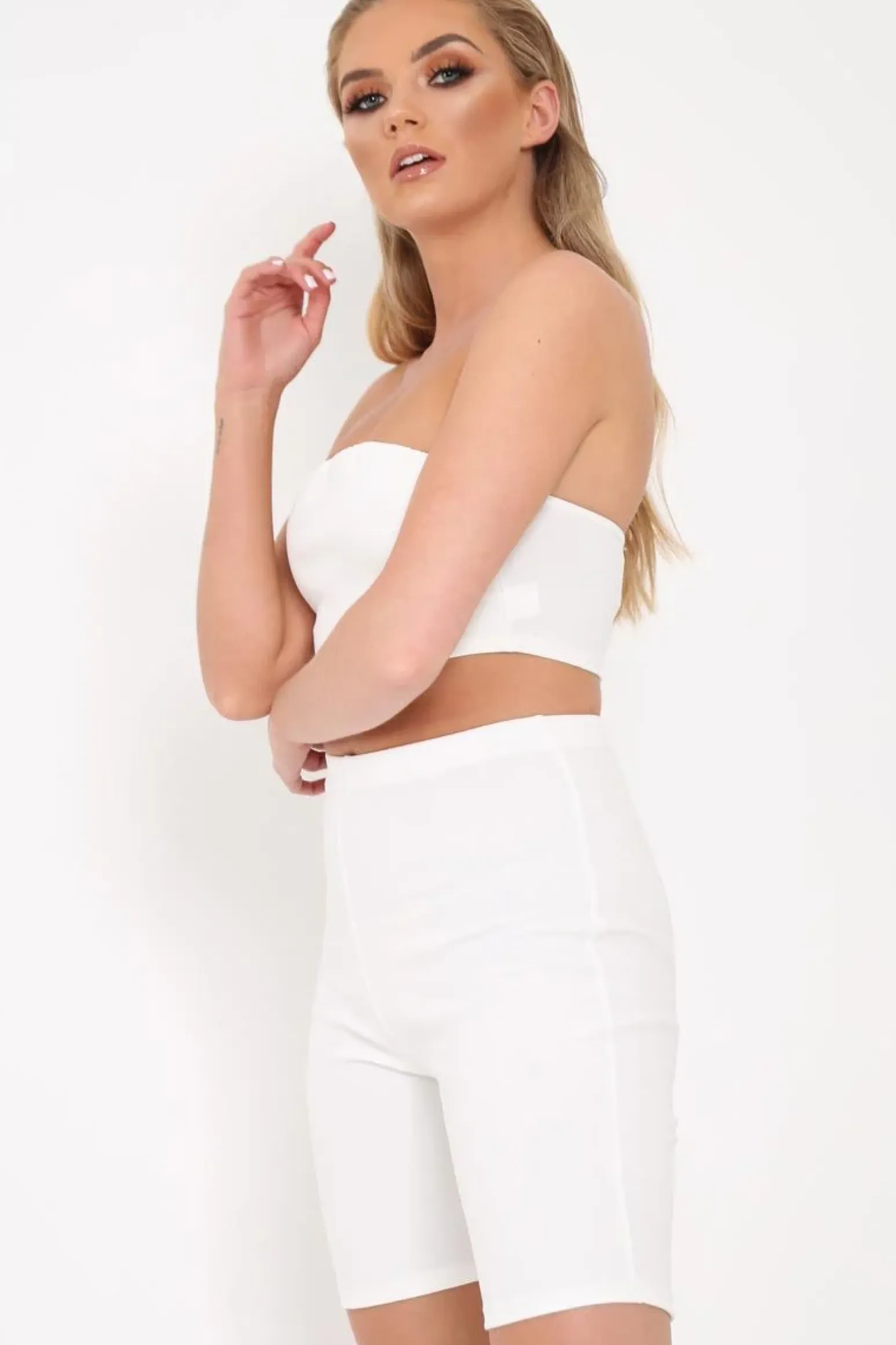 Rebellious Fashion White Bandeau And Cycling Shorts Co-ord - Edrie