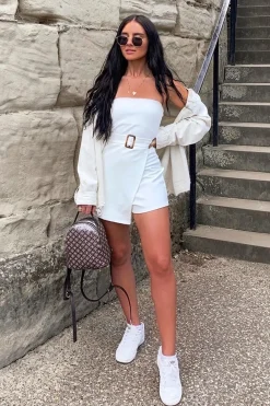 Rebellious Fashion White Bandeau Belted Playsuit - Malie