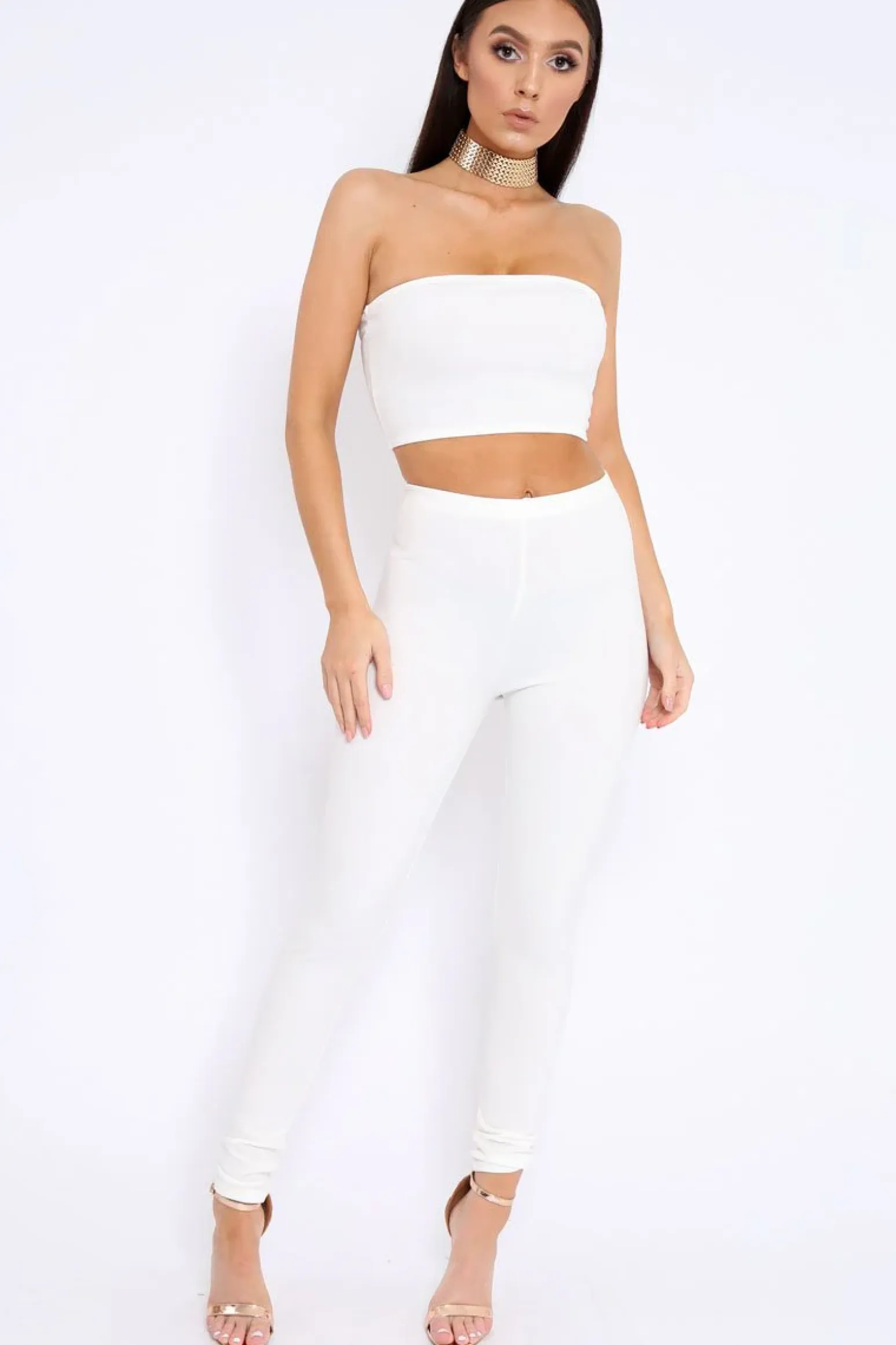 Rebellious Fashion White Bandeau Top And Leggings Co-Ord - Kristina