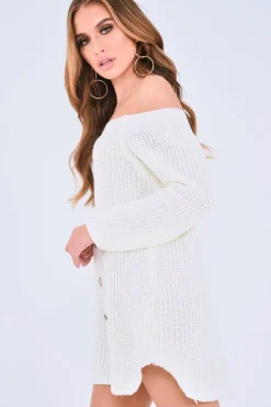 Rebellious Fashion White Bardot Button Front Chunky Knit Jumper Dress - Syanna