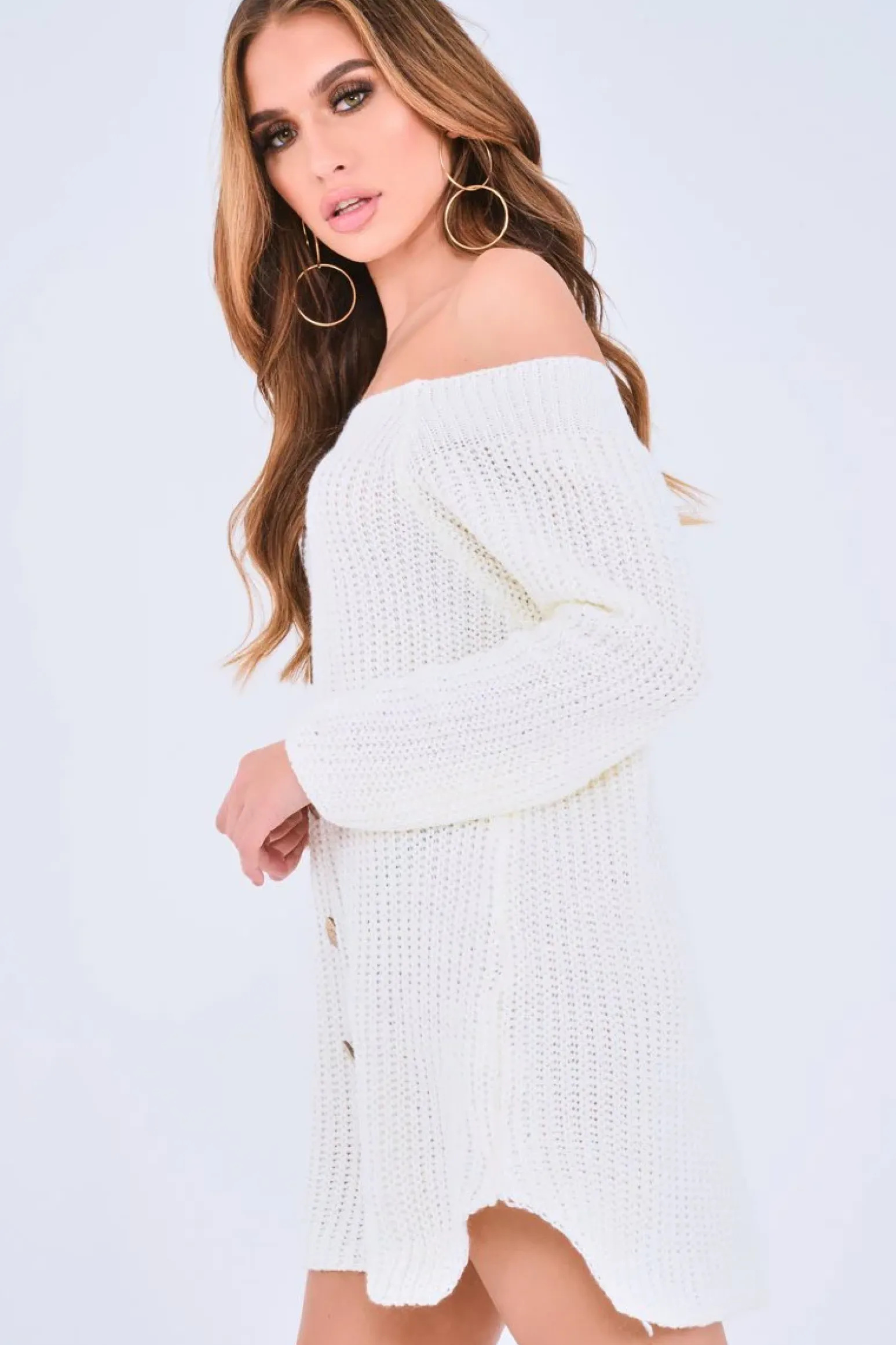 Rebellious Fashion White Bardot Button Front Chunky Knit Jumper Dress - Syanna
