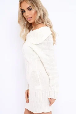 Rebellious Fashion White Bardot Chunky Knit Jumper Dress - Kaidyn