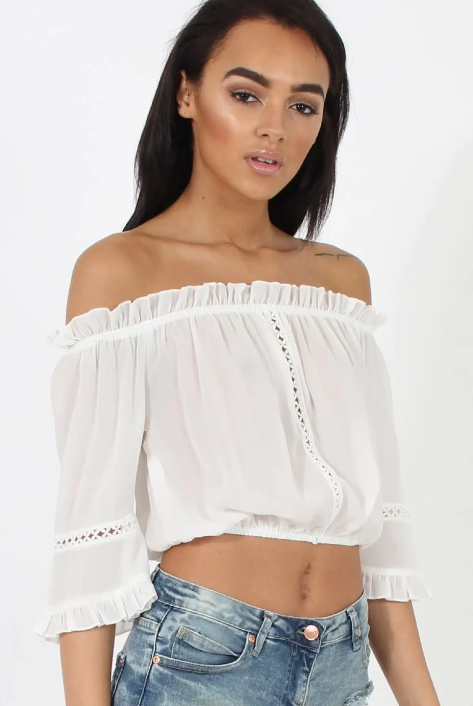 Rebellious Fashion White Bardot Crochet Detail Crop- Bernie