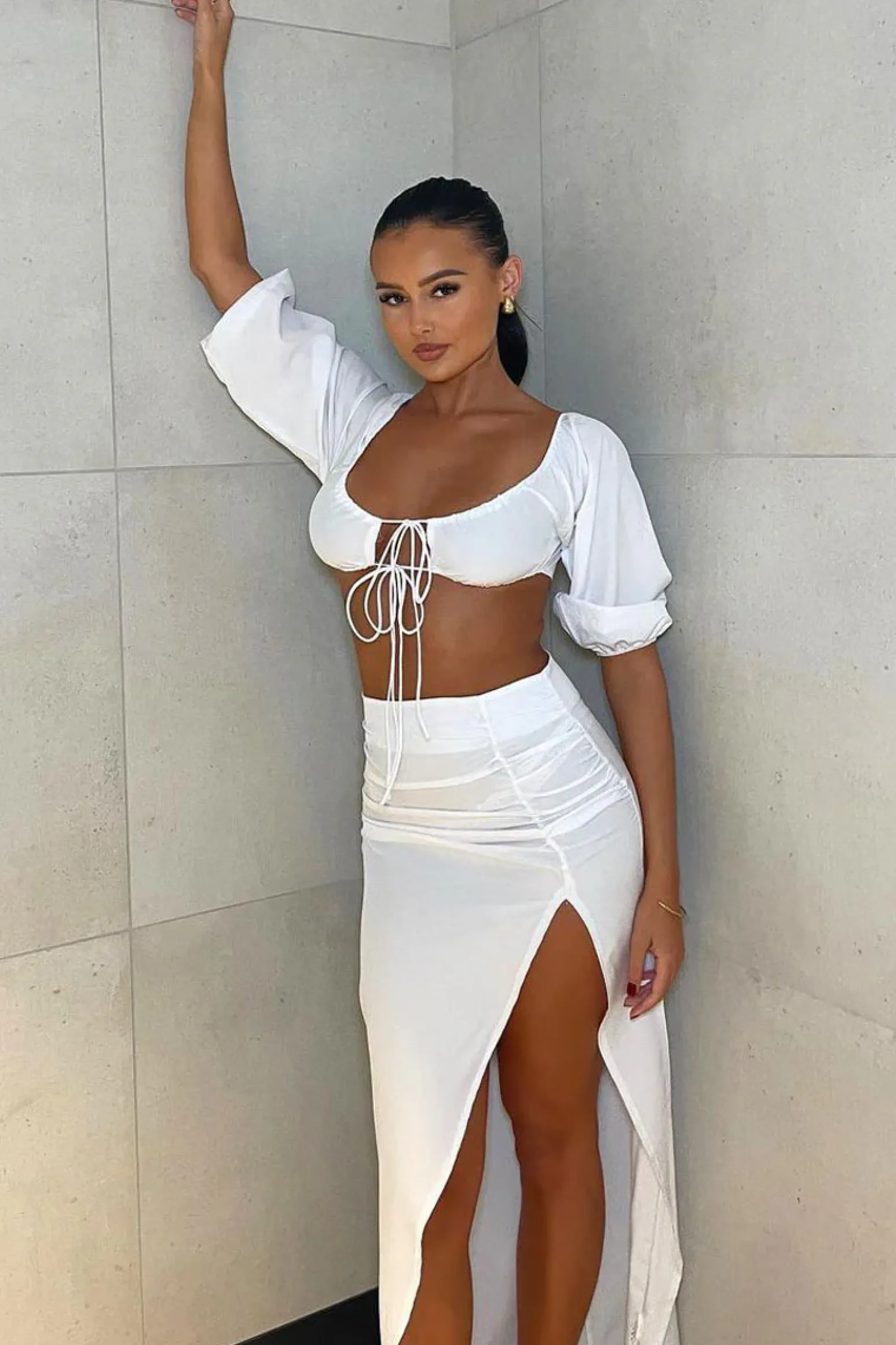 Rebellious Fashion White Bardot Cropped Top & Front Slit Skirt Co-ord Set - Vanika